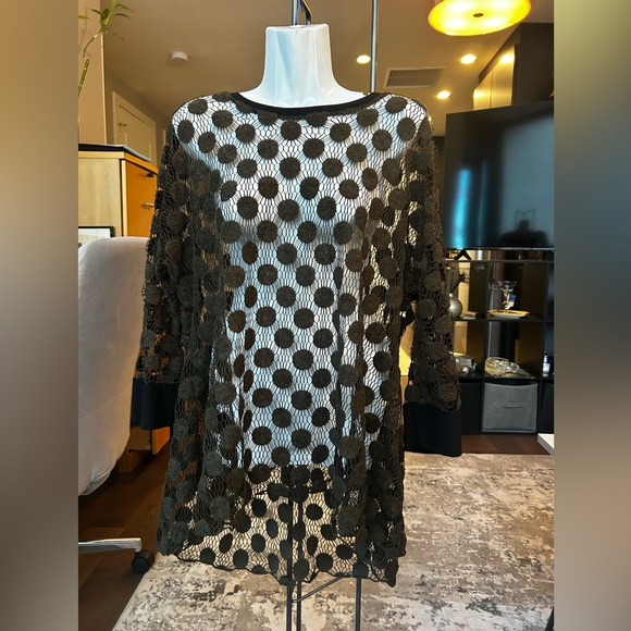 Dark green Woven Lace Polka-Dot Op-Art Tunic Top sz M - Picture 1 of 4